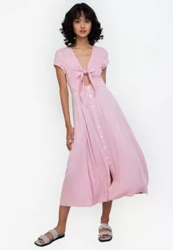 ZALORA BASICS Broderie Detail Knot Front Midi Dress