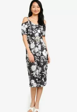 ZALORA BASICS Cold Shoulder Button Down Midi Dress