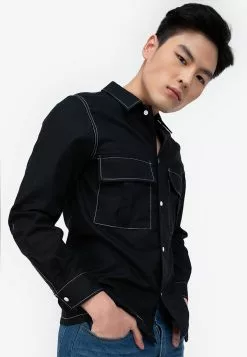 ZALORA BASICS Linen Blend Velcro Pocket Shirt