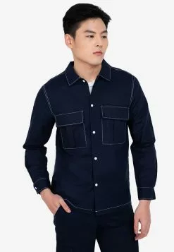 ZALORA BASICS Linen Blend Velcro Pocket Shirt