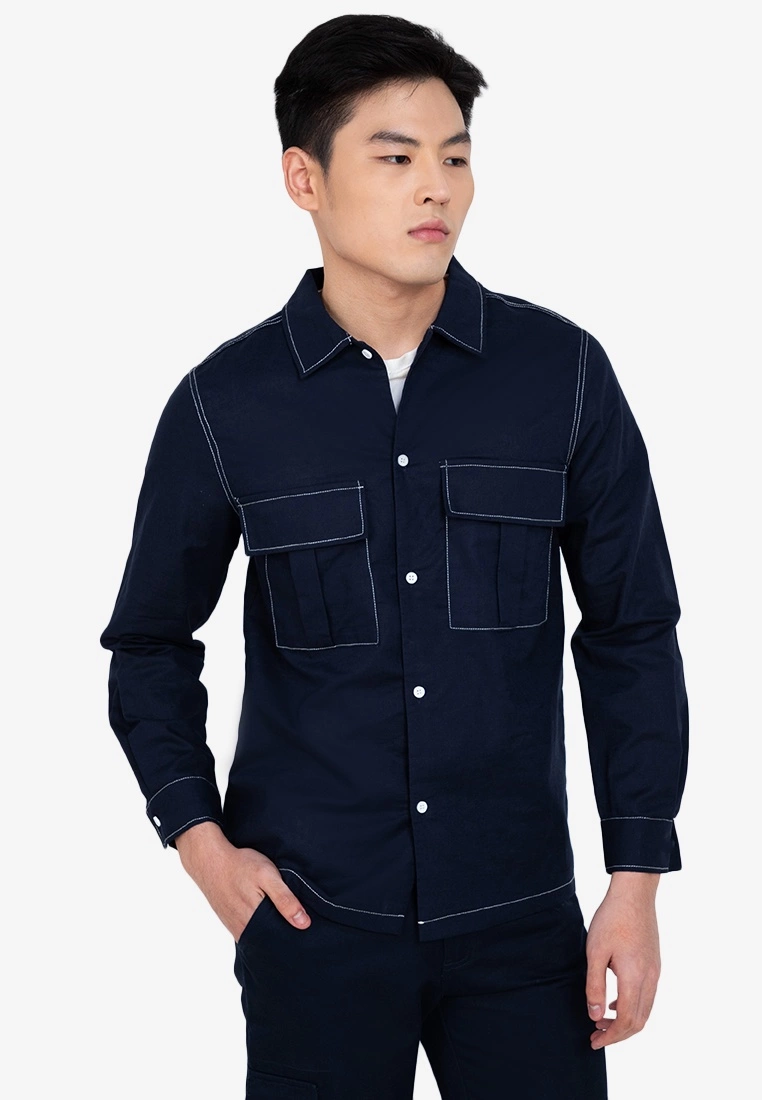 ZALORA BASICS Linen Blend Velcro Pocket Shirt