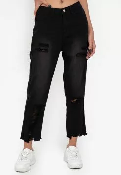 ZALORA BASICS Ripped Raw Hem Mom Jeans