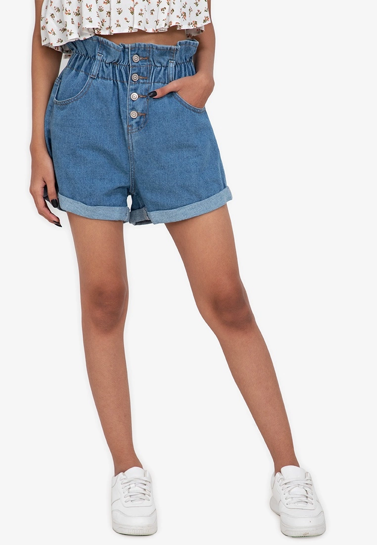 ZALORA BASICS Button Fly Paper Bag Denim Shorts