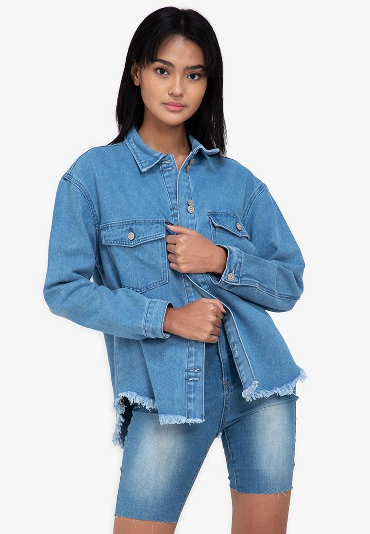ZALORA BASICS Flap Pocket Split Raw Hem Denim Jacket
