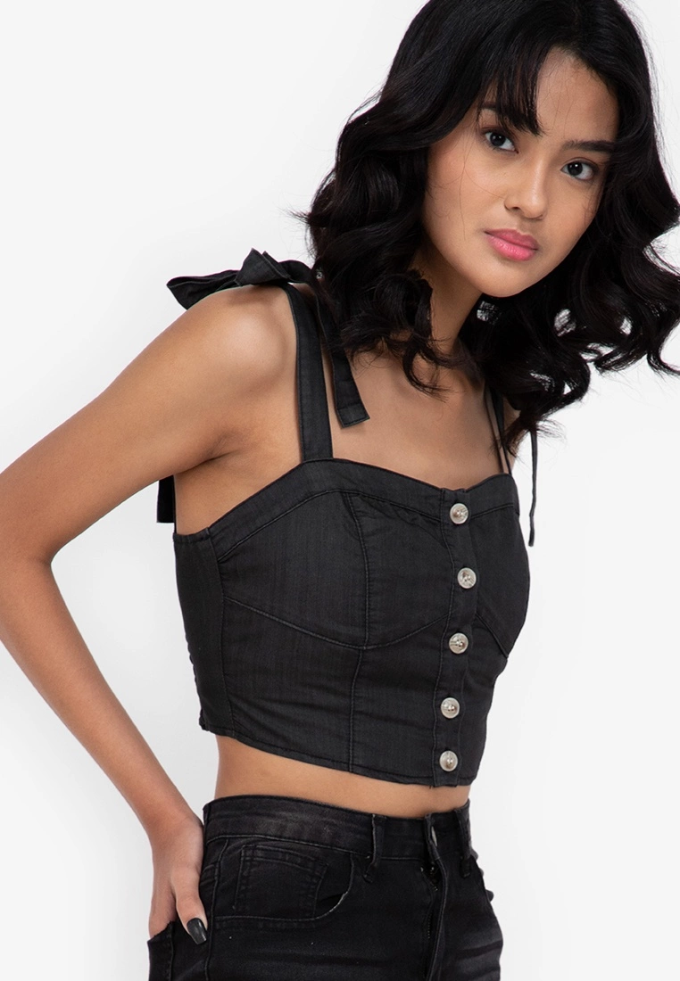 ZALORA BASICS Crop Tie Shoulder Denim Top - Billede 3