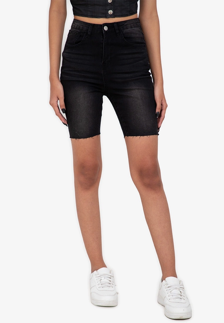 ZALORA BASICS High Rise Raw Hem Bermuda Denim Shorts