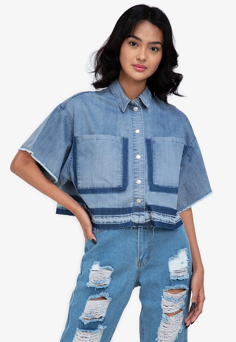 ZALORA BASICS Fray Hem Oversized Denim Jacket