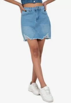ZALORA BASICS Frayed Hem Ripped Mini Denim Skirt