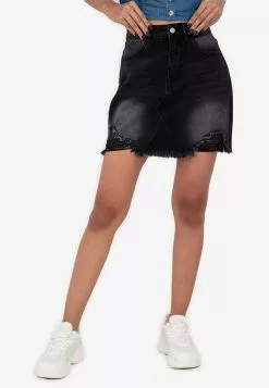 ZALORA BASICS Frayed Hem Ripped Mini Denim Skirt