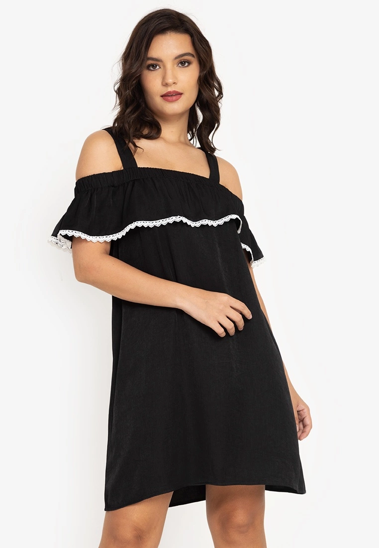 ZALORA BASICS Embroidered Cold Shoulder Mini Dress