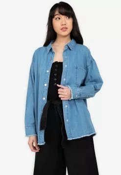 ZALORA BASICS Raw Hem Denim Overshirt Jacket