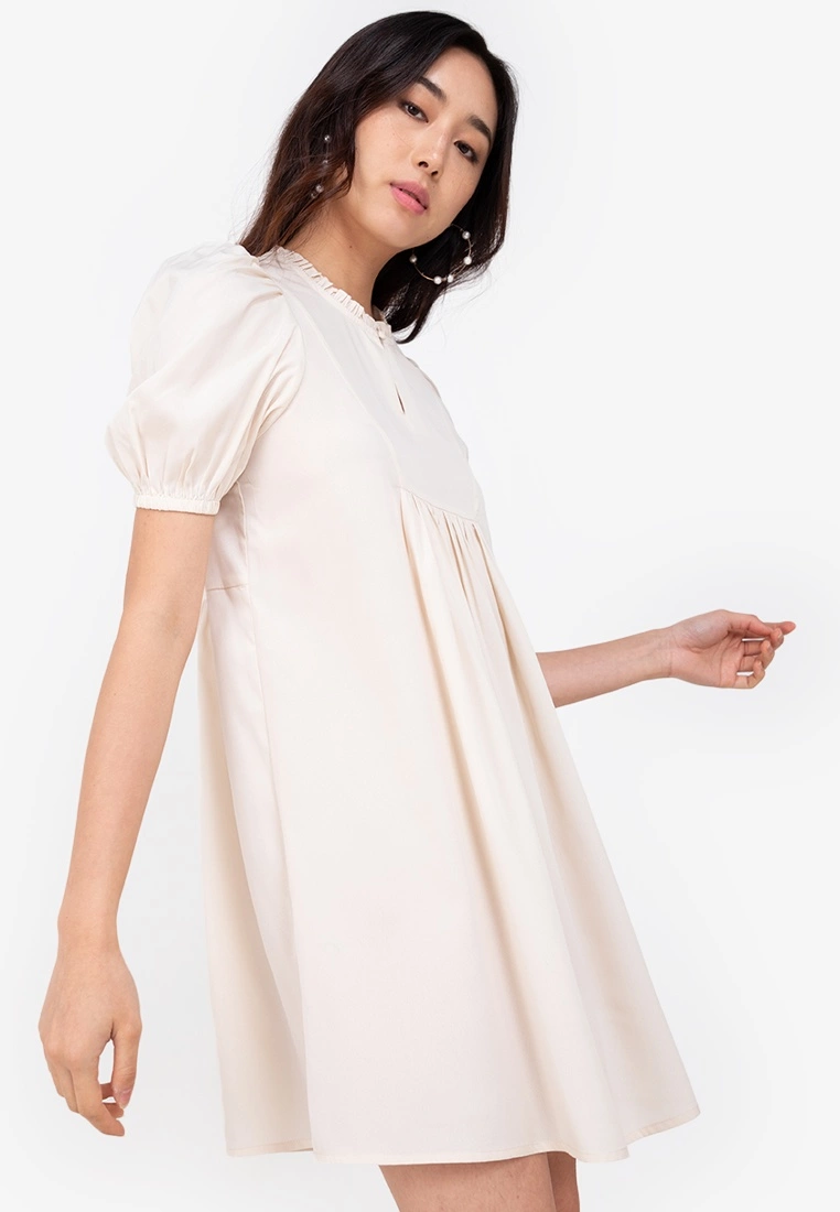 ZALORA BASICS Puff Sleeve Keyhole Front Mini Dress