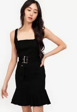 ZALORA BASICS Ruffle Hem Buckle Belted Denim Dress