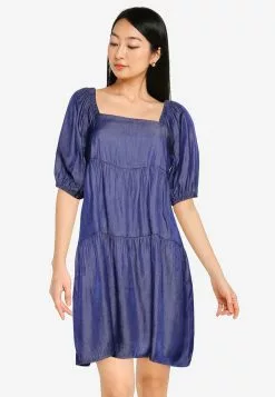 ZALORA BASICS Square Neck Chambray Dress