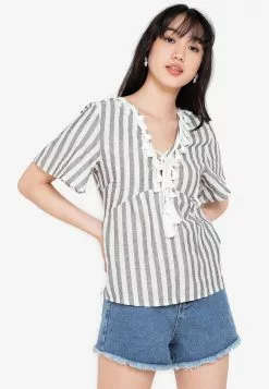 ZALORA BASICS Tassel Detail Lace Up Neck Top