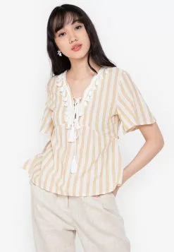 ZALORA BASICS Tassel Detail Lace Up Neck Top