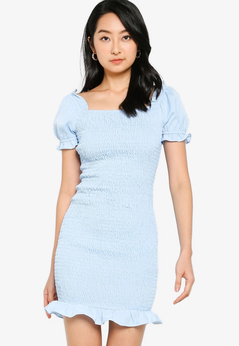 ZALORA BASICS Square Neck Smocked Mini Dress