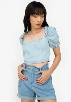 ZALORA BASICS Short Puff Sleeve Cropped Denim Top