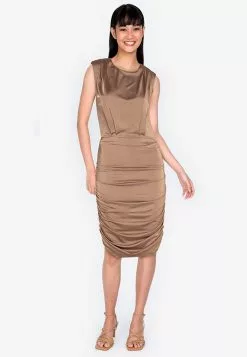 ZALORA BASICS Split Back Ruched Padded Shoulder Dress