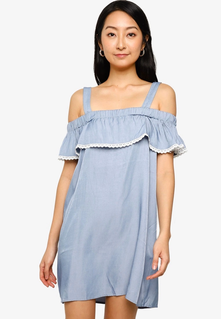 ZALORA BASICS Embroidered Cold Shoulder Mini Dress