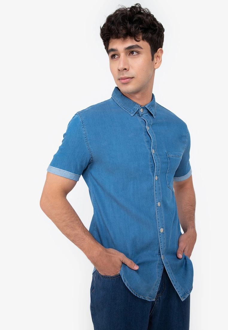 ZALORA BASICS Fold Up Sleeve Stretch Slim Denim Shirt