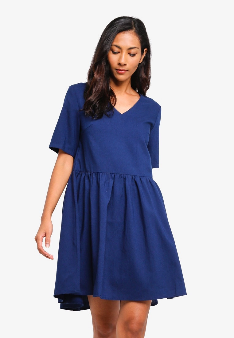 ZALORA BASICS Basic Cotton Peplum V-Neck Dress
