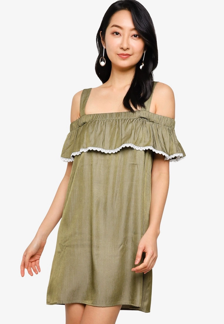 ZALORA BASICS Embroidered Cold Shoulder Mini Dress