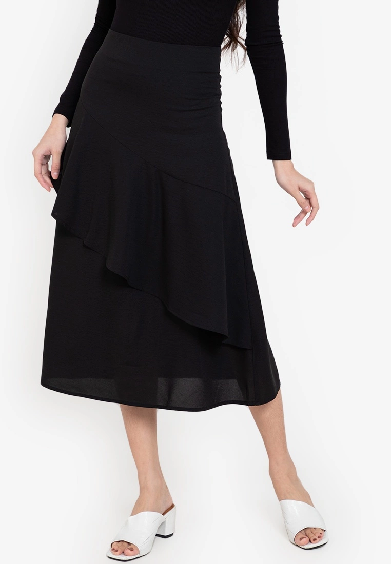 ZALORA BASICS Asymmetric Ruffle Midi Skirt
