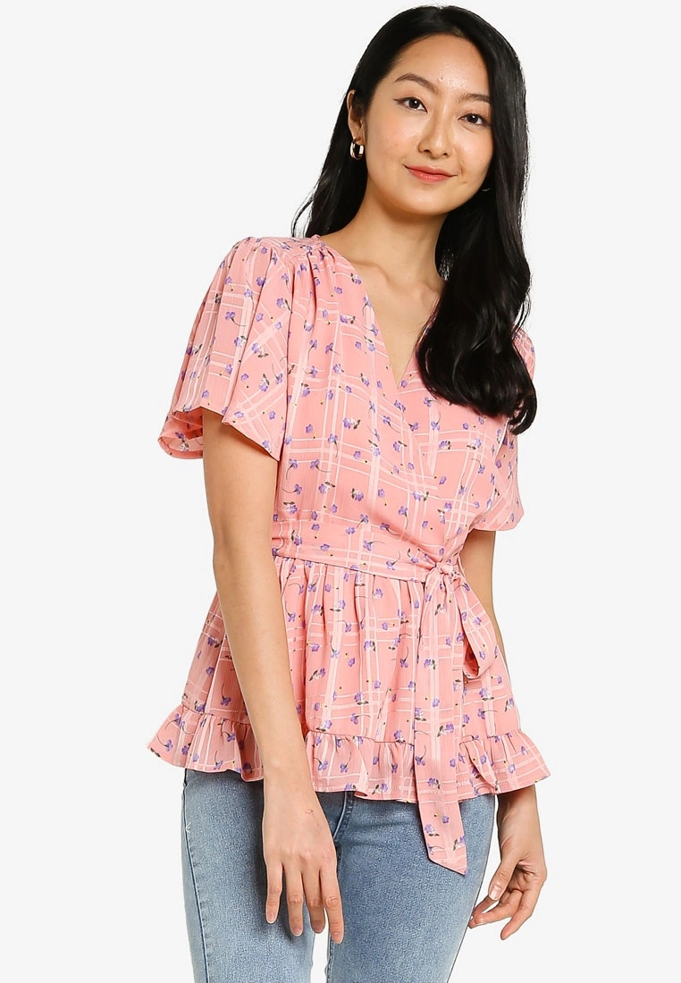 ZALORA BASICS Ruffle Chiffon Wrap Top With Self Tie