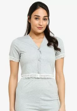 ZALORA BASICS Lounge Lace V-Neck Top Co-ord