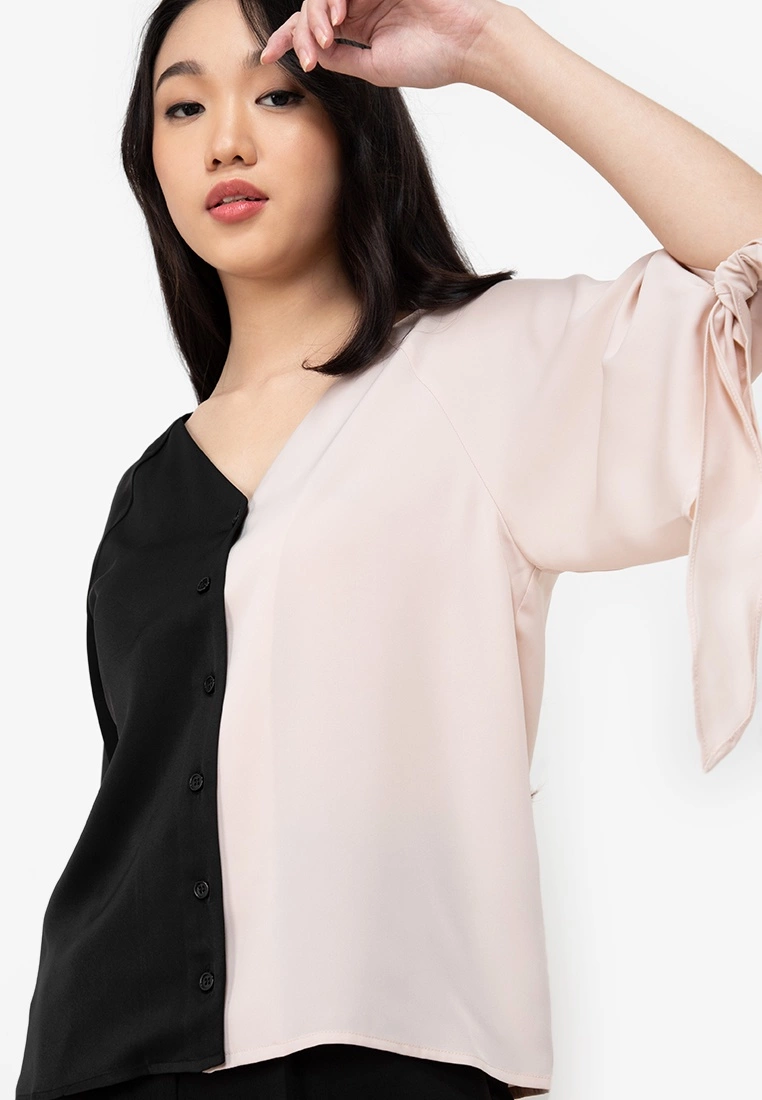ZALORA BASICS Tie Sleeves Colourblock Shirt - Billede 3