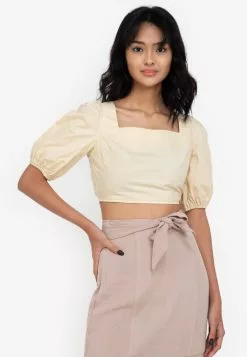 ZALORA BASICS Cross Tie Back Puff Sleeve Crop Top