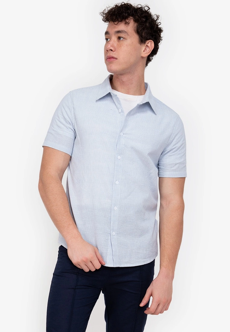 ZALORA BASICS Textured Stripes Short Sleeve Shirt