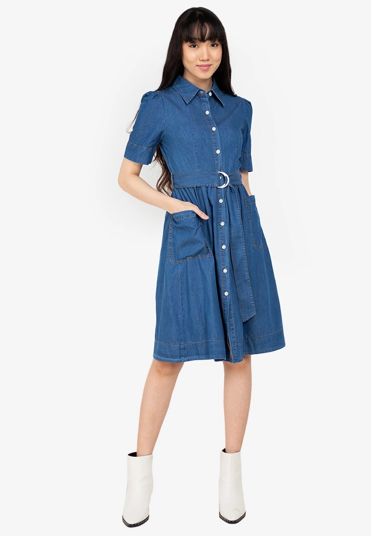 ZALORA BASICS Belted Shirt Denim Dress