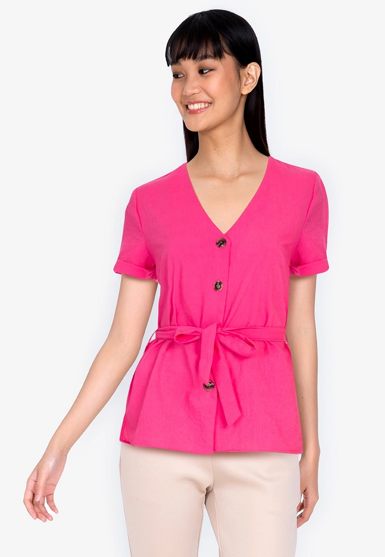 ZALORA BASICS Rolled Sleeve Boxy Blouse With Self Tie