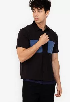 ZALORA BASICS Colour Block Pocket Denim Shirt