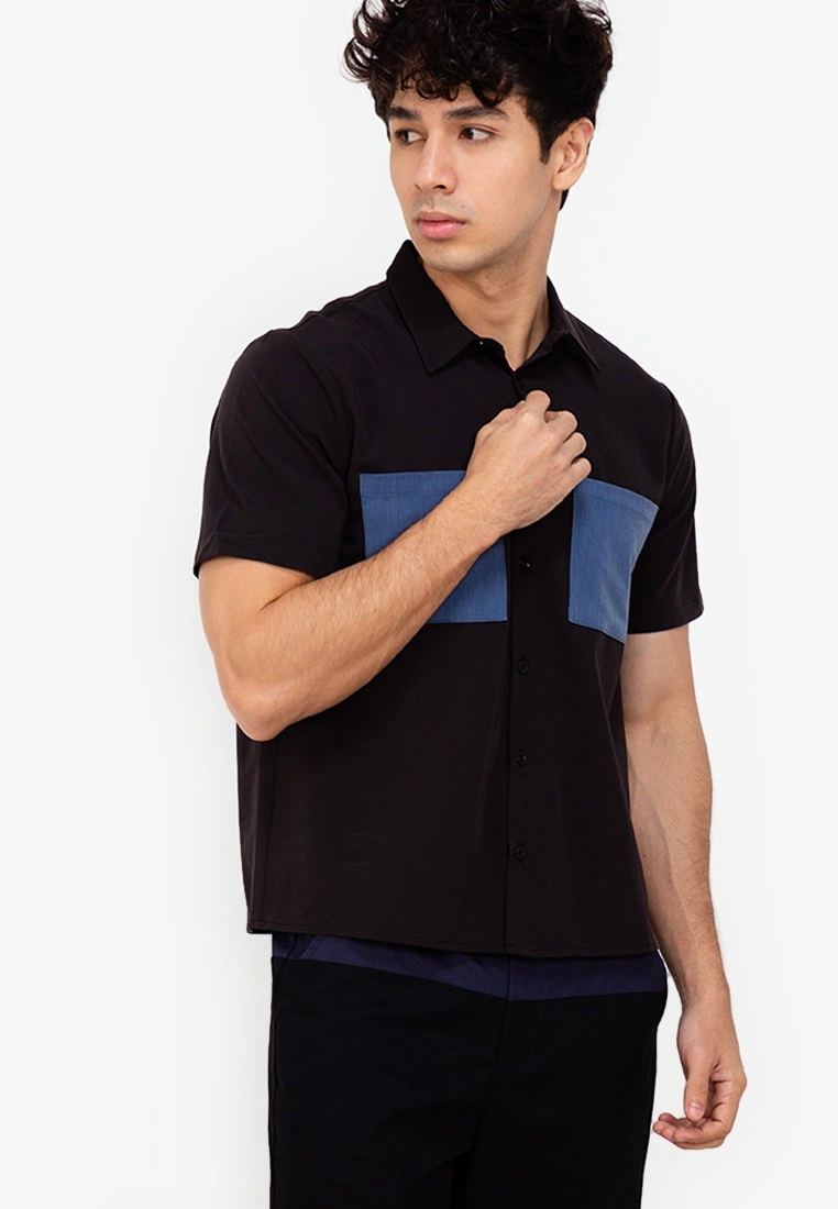 ZALORA BASICS Colour Block Pocket Denim Shirt