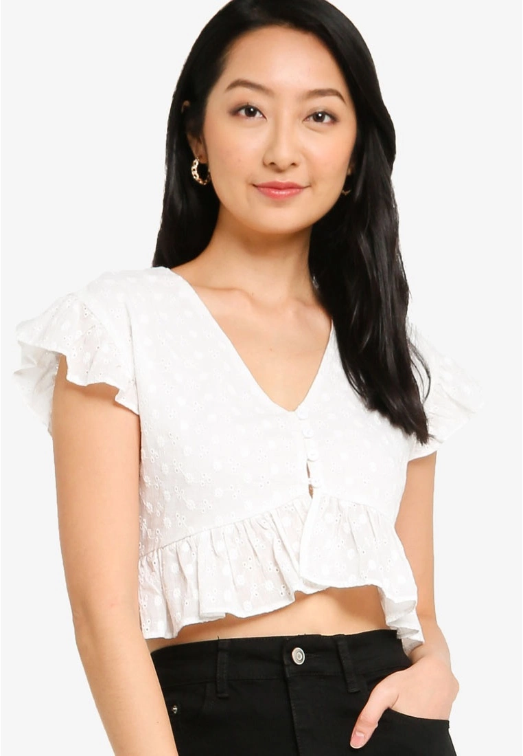 ZALORA BASICS Cotton Eyelet Button Crop Top