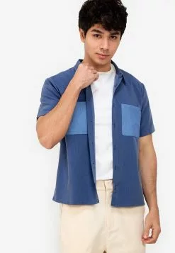 ZALORA BASICS Colour Block Pocket Denim Shirt