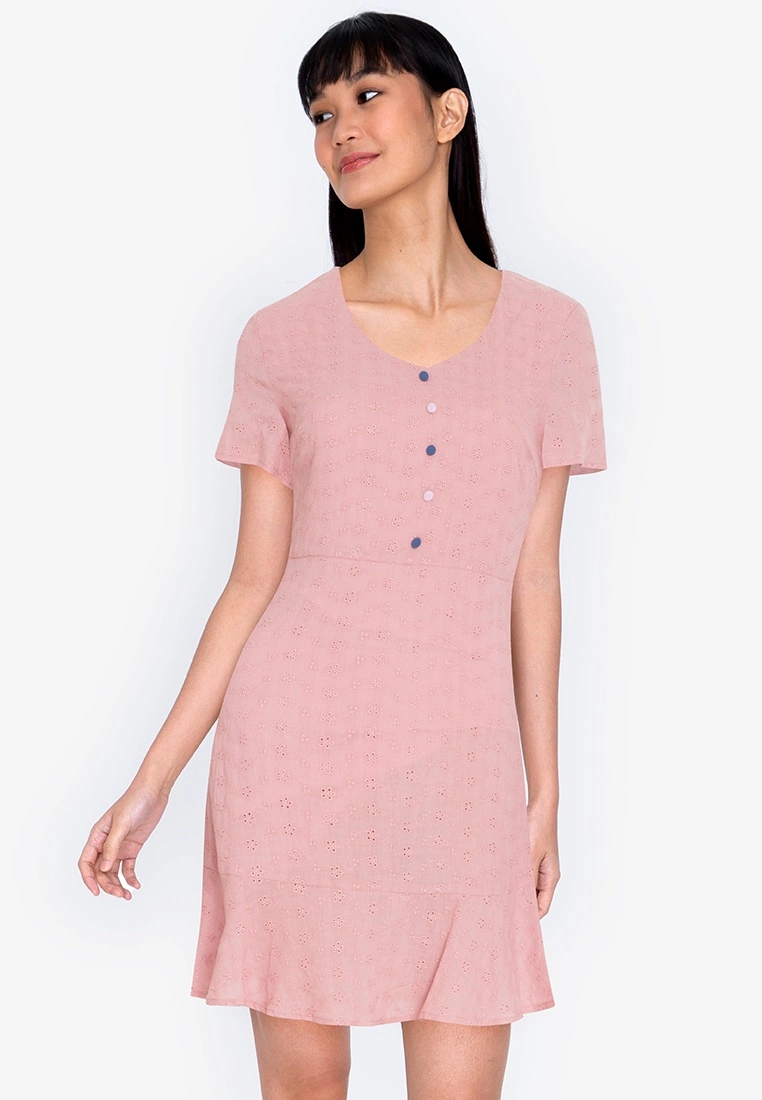 ZALORA BASICS V Neck Eyelet Dress
