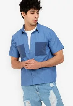 ZALORA BASICS Colour Block Pocket Denim Shirt
