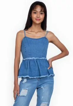 ZALORA BASICS Raw Hem Zip Denim Peplum Cami Top