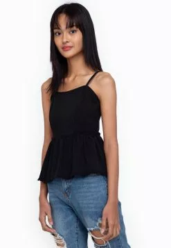 ZALORA BASICS Raw Hem Zip Denim Peplum Cami Top