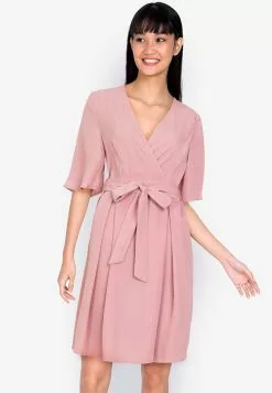 ZALORA BASICS Flare Sleeve Pleated Mini Dress