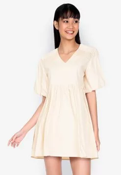 ZALORA BASICS Lace Trim Puff Sleeve Mini Dress