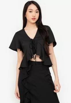ZALORA BASICS Knot Front Ruffle Hem Top