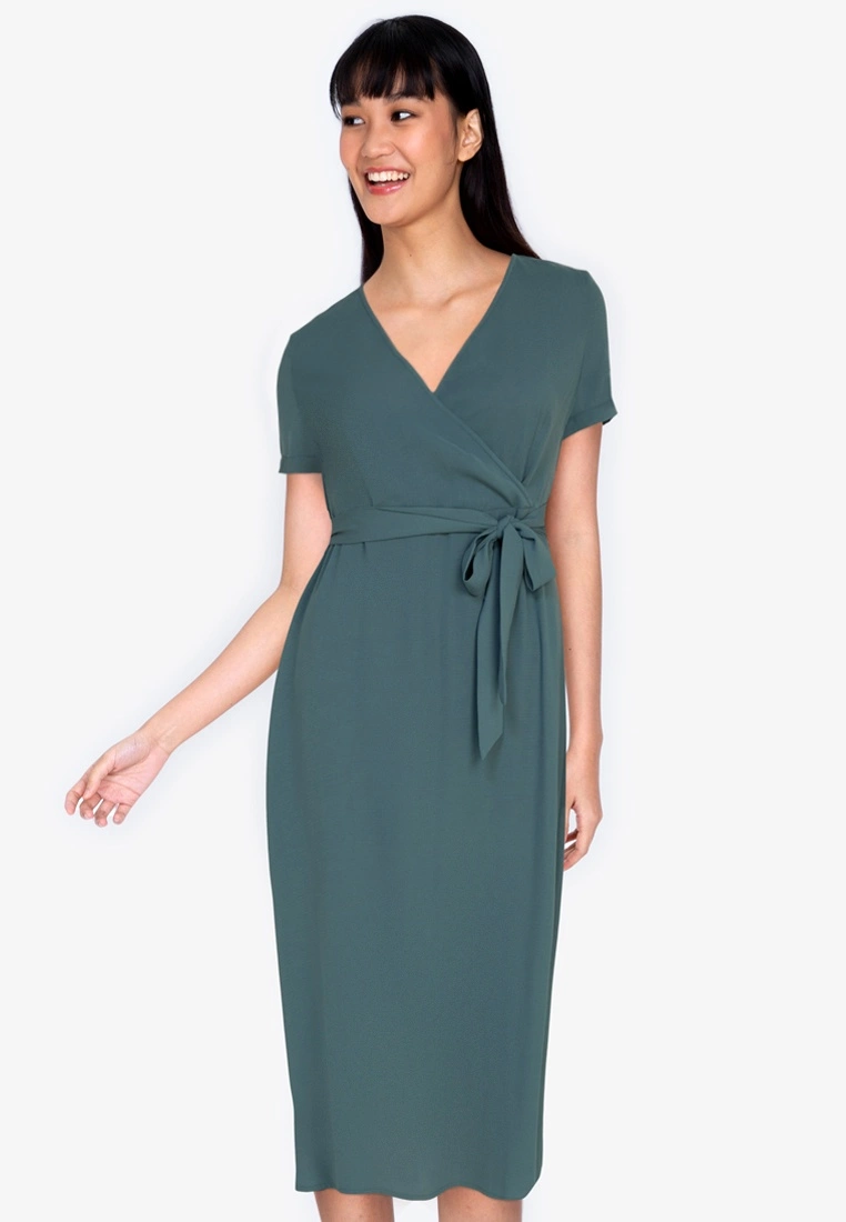 ZALORA BASICS V-Neck Midi Wrap Dress