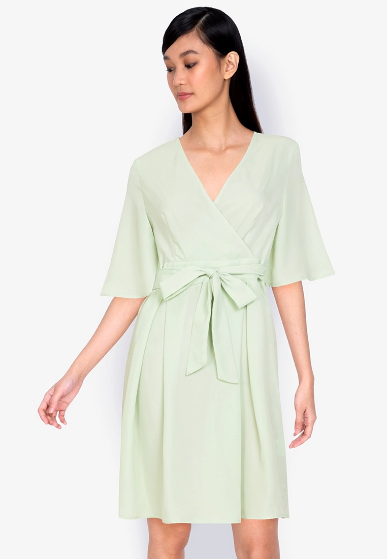 ZALORA BASICS Flare Sleeve Pleated Mini Dress