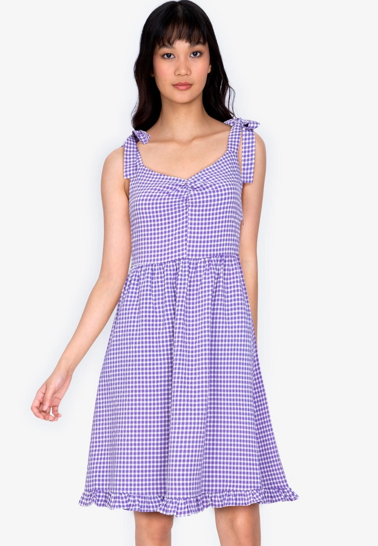 ZALORA BASICS Tie Strap Gingham Midi Dress