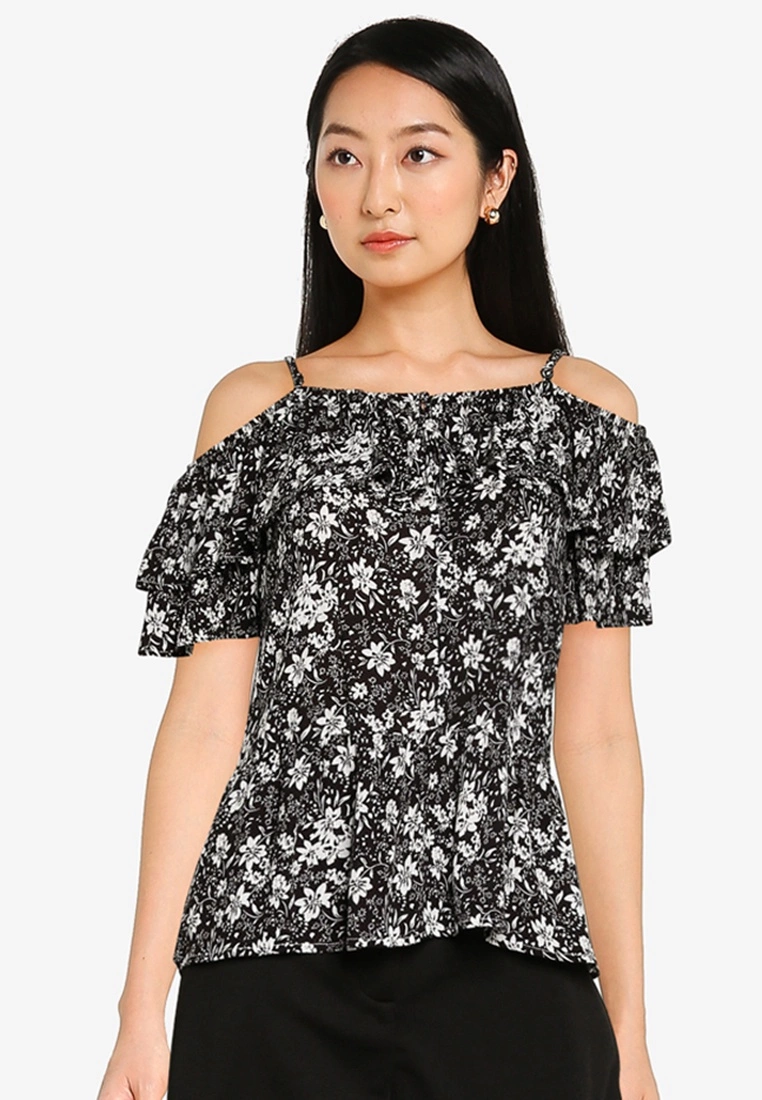ZALORA BASICS Ruffled Cold Shoulder Top